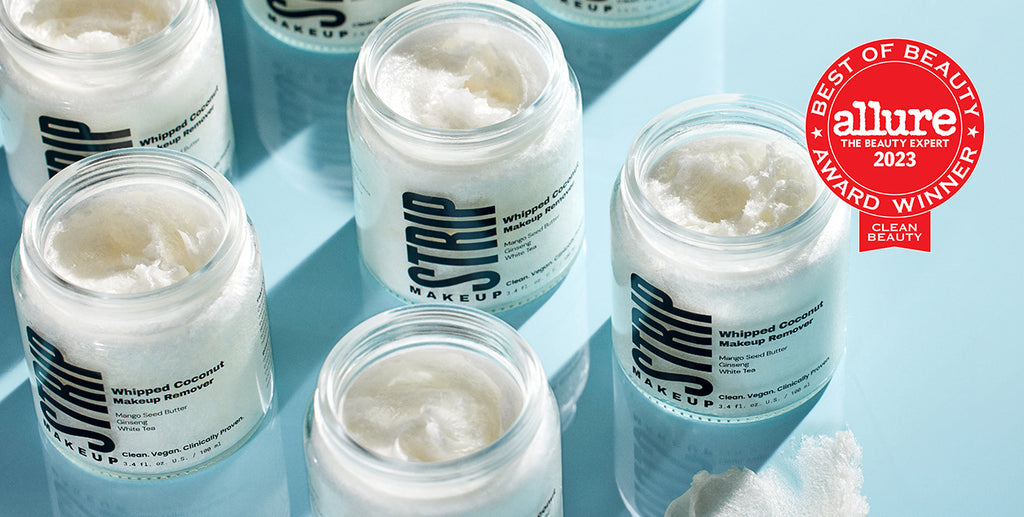 STRIP Makeup's Whipped Coconut Makeup Remover on a blue background with the "Allure Best Of Beauty Award" seal